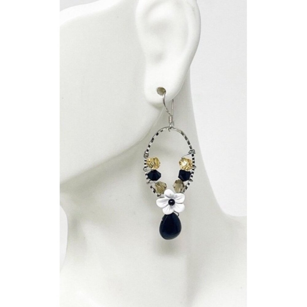 Artisan Sterling 925 Earrings Crystal Dangle Black Teardrop White Flower Boho